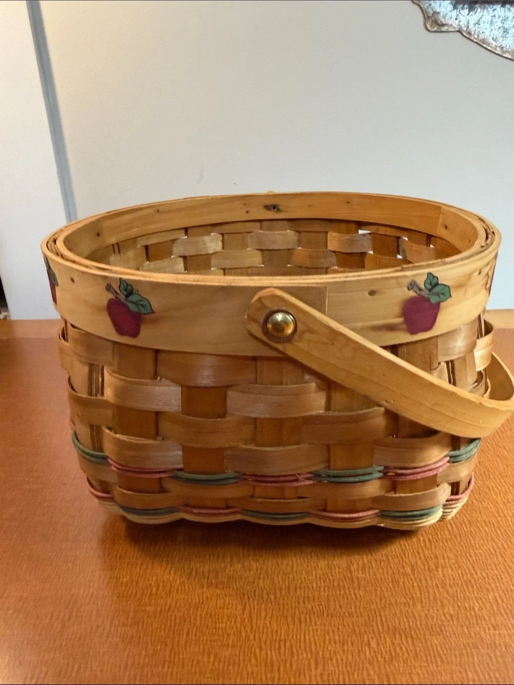 Handwoven Wooden Apple Accent Basket in Natural and Red